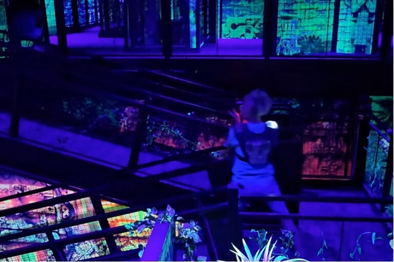 A person stands on a staircase in a dimly lit room at The Rush Funplex.