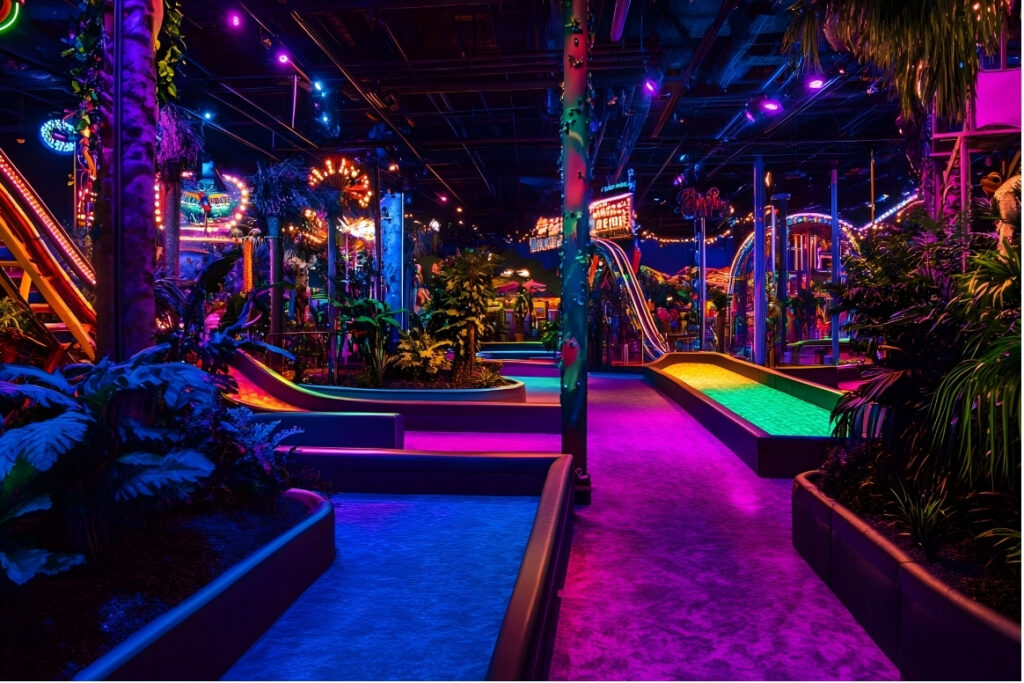The Rush Funplex presents a dark room with colorful neon lights and an indoor golf course.