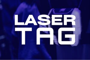 Laser tag logo featuring bold text on a blue background, representing The Rush Funplex entertainment venue.