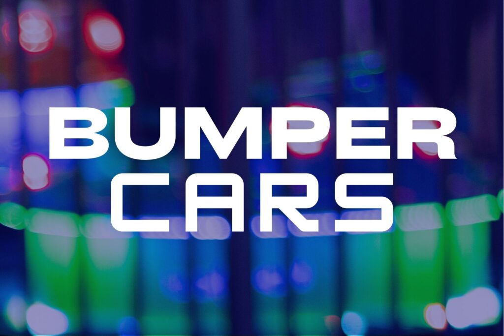 Bumper cars logo with colorful lights in the background, representing The Rush Funplex amusement center.