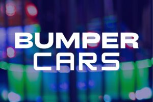 Bumper cars logo with colorful lights in the background, representing The Rush Funplex amusement center.