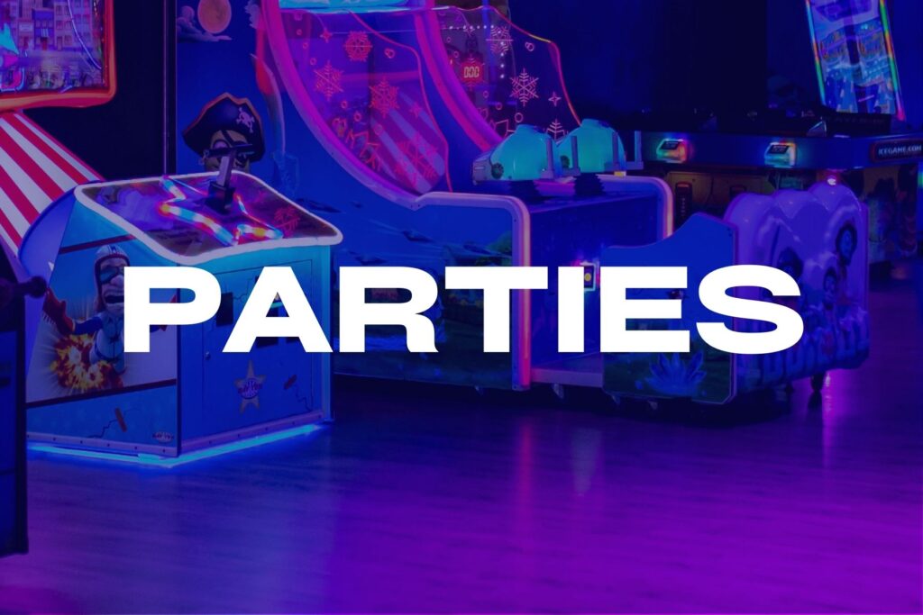 A vibrant arcade room at The Rush Funplex featuring various games and a sign promoting party events.