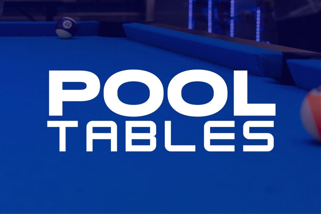 Pool tables for sale at The Rush Funplex, showcasing various styles and sizes in a vibrant, well-lit setting.